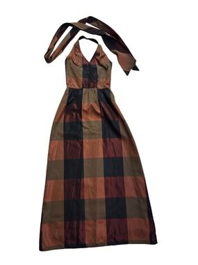 Andrea Polizzi For Rex Lester Backless Halter Maxi Dress in Rust and Olive Plaid